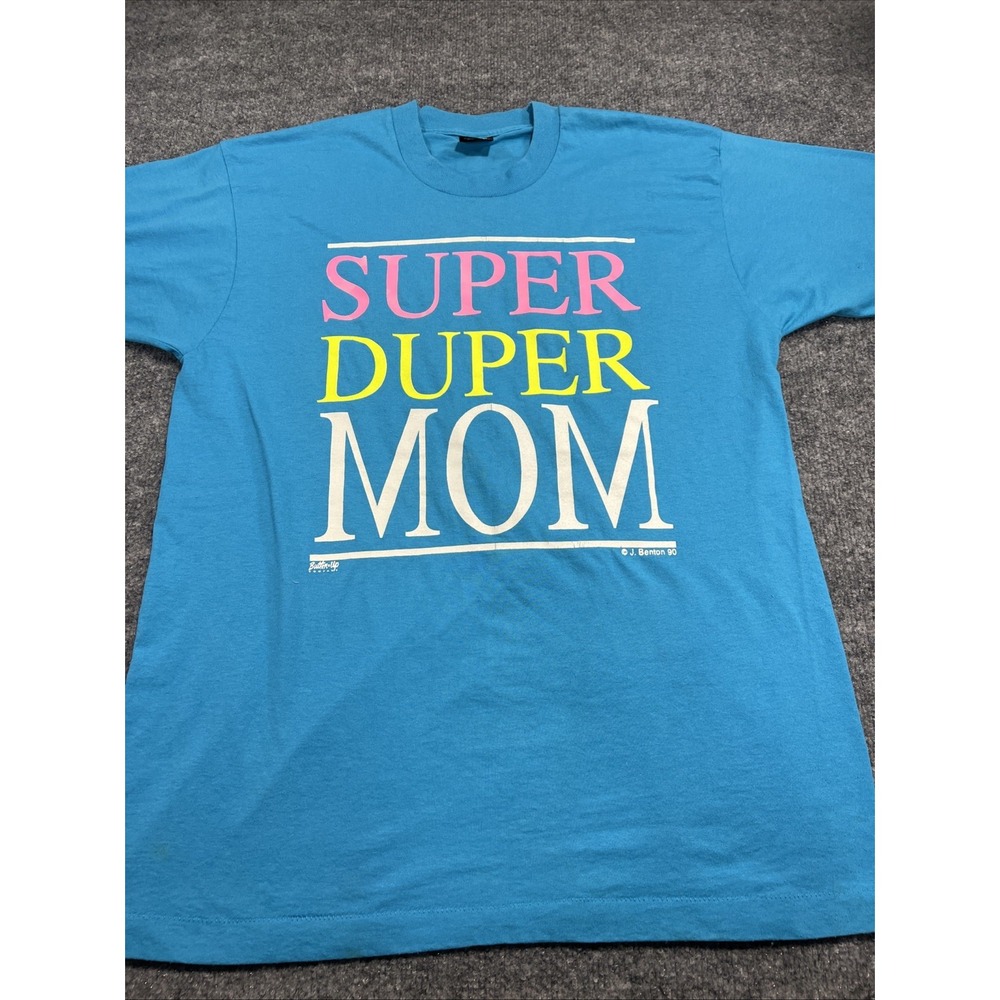 Vintage 1990 Super Duper Mom T-Shirt XL Single Stitch Screen Stars Best USA Teal